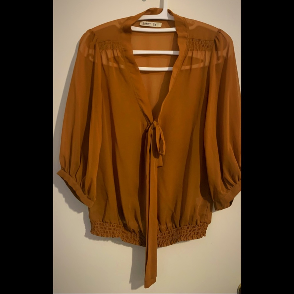 Copper Sheer Split neck Polyester Sexy Blouse